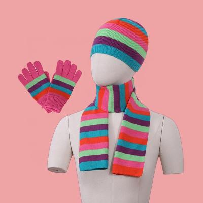 China Fashion\Comfortable\Durable Cheap Winter Accessories 3 Pieces Warm Kids Winter Colorful Striped Style Knit Scarf Hat Glove Sets for sale