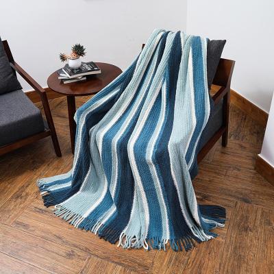 China Fashional Anti-Static Blue Striped Blanket Custom Sofa Tassel Throw Blanket Nordic Acrylic Knitted Other Weighted Blankets for sale