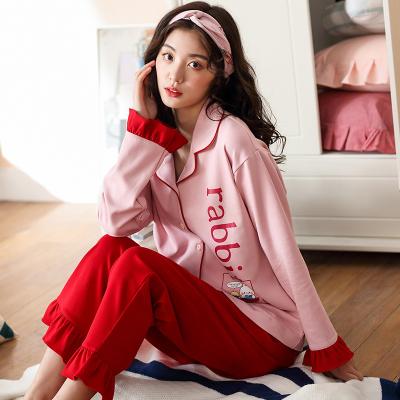 China Girls 2019 New QUICK DRY Women's Pajamas Cotton Comfortable Round Neck Striped Organic Cotton Pajamas Home Wear for sale