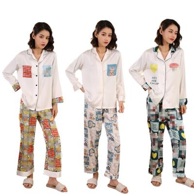 China Comfortable Printed Silk Women's Sleepwear Satin Pajamas Long Sleeve Pajamas QUICK DRY Long Pants Pajamas for sale