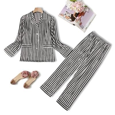 China QUICK DRY Women Ladies Pajamas Fitted 2 Piece Striped Pajamas Set Satin Silk Black Blue Sleep Pants Nightwear for sale