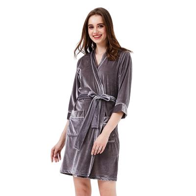 China Long Sleeve Velvet Thermal Piping Robe Belted Ladies Hotel Bathrobe Embroidered Luxury Hotel Bathrobe Women Nightgowns Nightgown for sale