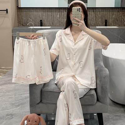 China New breathable summer ice and snow silk women's three-piece pajamas, casual cardigan lapel comfortable and lightweight home wear for sale