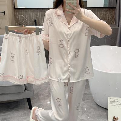 China New QUICK DRY cool women's ice silk pajamas and short-sleeved short-sleeved pants breathable three-piece summer autumn home wear for sale