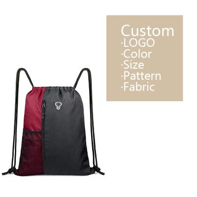 China Custom Waterproof Polyester Sports Drawstring Backpack Gym Bag With Water Bottle Mesh Pocket Draw String Bagpack for sale