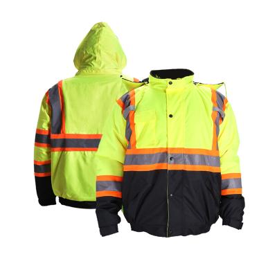 China Water Proof Customized High Visibility Winter Jackets With Black Bottom Waterproof Hoodie Work Hi Vis Safety Reflective Jacket for sale