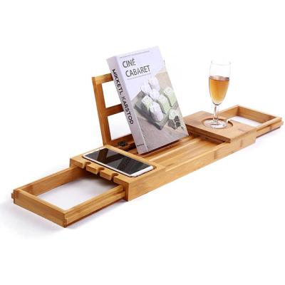 China Floor Type 100% Bamboo Adjustable Bathroom Tub Organizer with Book Shelf Wine Glass Cup Towel Holder Bath Tub Cart for sale