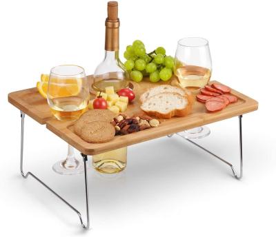 China Traditional Folding Portable Bamboo Wine Glasses Bottle Snack HolderTray Cheese For Concerts Outdoor Beer PicnicTable Park Beach Wine for sale