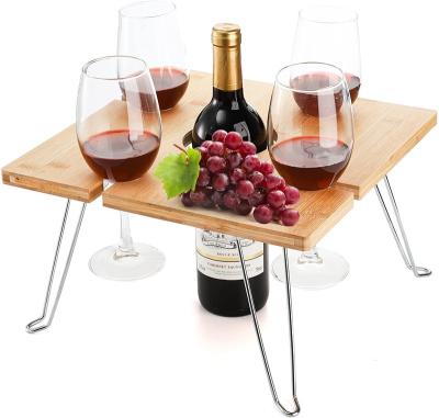 China Outdoor Wine PicnicTable Traditional Wine Lover Gift with 4 Holder Glasses for Park and Camping Folding Beach PicnicTray for sale