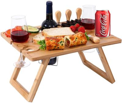 China Traditional Bamboo Foldable Snack Table with Wine Bottle and Extra Glass Holder Cheese Knife Set Wine PicnicTrayTable for sale