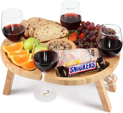 China 2022 Modern High Quality Round Snacks And Cheese Rack Portable Folding Bamboo Wooden Tray For Party Wine Whiskey Tray Picnic Table for sale