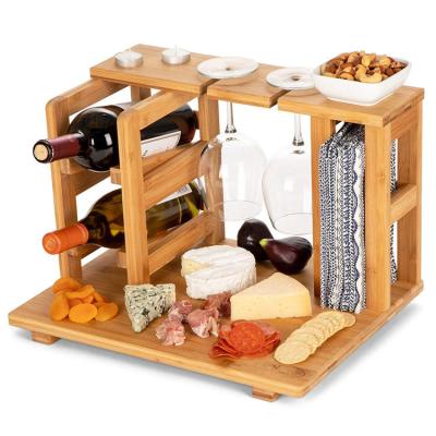 China Viable Bamboo Wooden Wine Rack Cheese Cutting Board Set Wooden Cheese Tray Cake Dessert Food Plate with Wine Glass Racks for sale