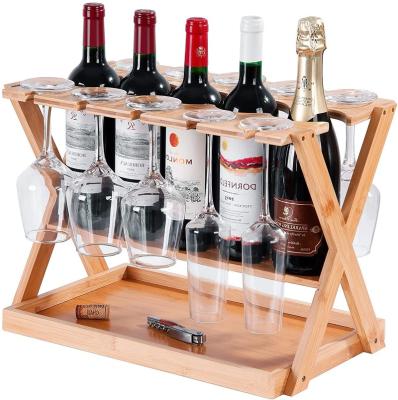 China X Shaped Viable Frame Bamboo Wine Bottle Holder And Hanger Kitchen Display Rack Assembly Wine Rack Easy Wine Glass Organizer for sale