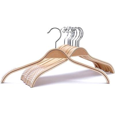 China Eco-Friendly Amazon Hot Selling Strength Premium Strong Bearing Space Saving Anti-Slip Stripe Wooden Clothing Hangers With Round Hooks for sale