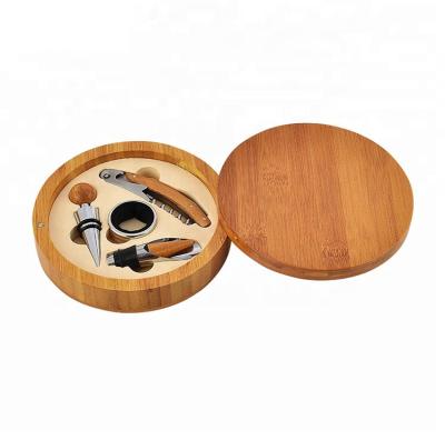 China Factory Wholesale Disposable Round Wooden Wine Corkscrew Opener Gift Opener Box 4pcs Red Wine Tools Accessories Kit Bamboo Set for sale