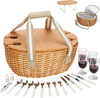 China Traditional Picnic 4 Person Bamboo Vine Basket Kit with Cover for Outdoor Party Dating Foldable Bamboo Wine Table Basket Sets for sale