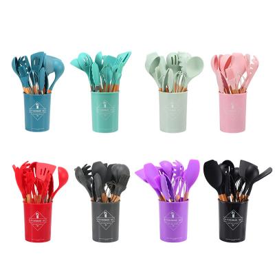 China Viable 12 Pieces Silicone Kitchen Accessories Cooking Tools Kitchen Tableware Cocina Silicone Kitchen Utensils With Wooden Handles for sale