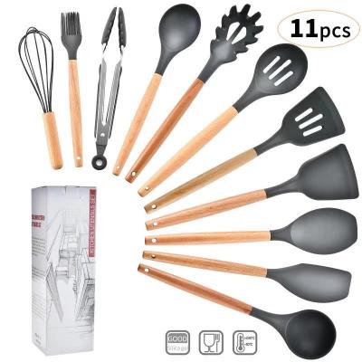 China Viable Dark Gray Wood Handle Ladle Silicone 11 Pcs Kitchen Cookware Set for sale