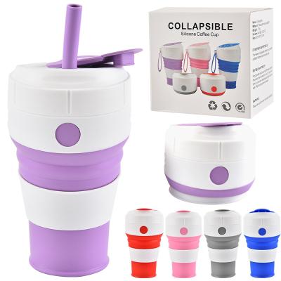 China Sustainable Purple 450ml Capacity Sports Travel Camping Collapsible Coffee Sippy Cup Silicone Cup for sale