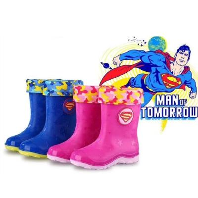 China Light Weight Customized New Superman Kids Cartoon Trending Waterproof Comfortable Rubber Rain Boots for sale