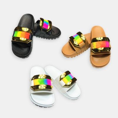 China Original New Color Fur Metal Buckle Summer Anti-Skid Slides Women Slippers Cushioning for sale