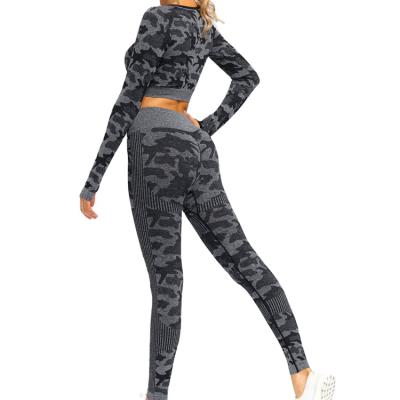 China 2021 Antibacterial Logo Women Gym Yoga Set Custom New Camouflage Long Sleeve Top Two Piece Yoga Leggings Sets for sale