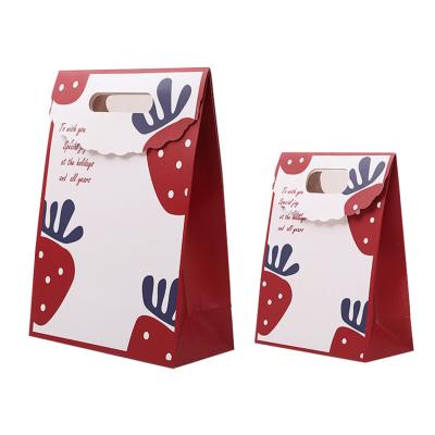 China Recyclable Small Strawberry Gift Paper Bag Lipstick Tote Bag Birthday Back Gift Packaging Bag for sale