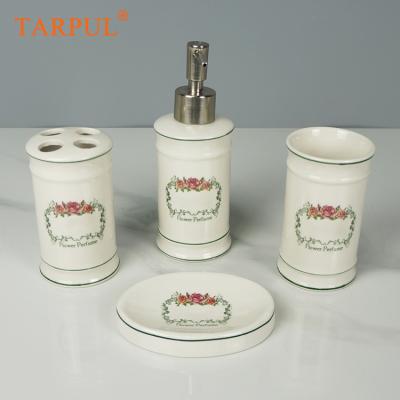 China Sustainable Tarpul Camellia Pattern Royal Glazed 4 Pcs Hotel Bathroom Accessories Set Bath Sets for sale