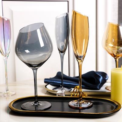 China In Stocked Colored Plating Handmade Champagne Flute Glasses Amber Smoky Gray Oblique Mouth Wine Glass Tumbler for sale