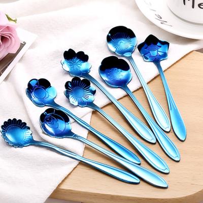 China Blue Purple Cherry Blossoms Stocked Teaspoon Stainless Steel Gift Spoon Flower Rose Spoon for sale