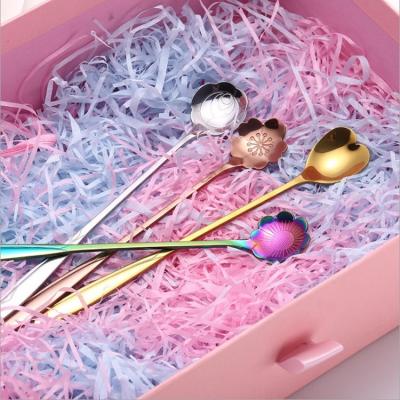 China Long Handle Stainless Steel Teaspoon Color Cherry Blossom Spoon Stocked Magic Petal Stir Jelly Spoon for sale