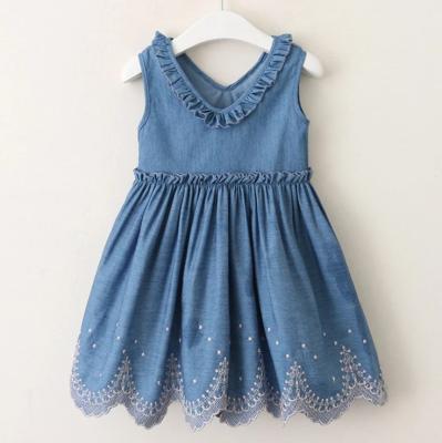 China new Anti-wrinkle jeans dress overall baby toddler clothes denim sleeveless ruffle korean style girls dresses for sale