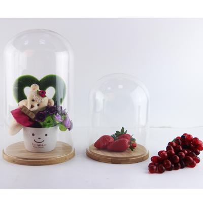 China Clear Glass Dome Cake Stand Wooden Base Glass Cloche Dome To Maintain Freshness for sale