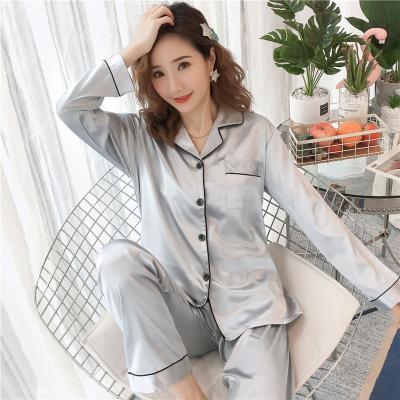 China Factory Direct Sale 2 Pieces Ice Silk Suit Ladies QUICK DRY Gray Pajamas Spring And Autumn Lapel Long Sleeve Cardigan Silk Pants for sale