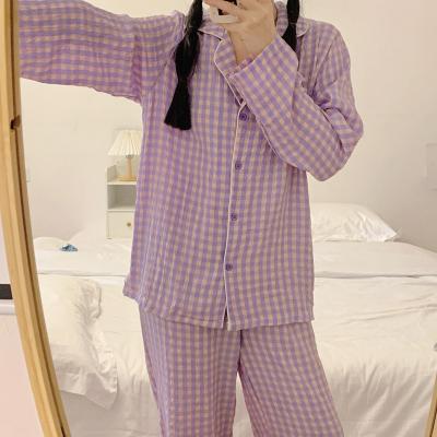 China Hot-selling quality guarantee plaid printing ladies spring QUICK-DRY purple pajamas long-sleeved spring and autumn suit home service for sale