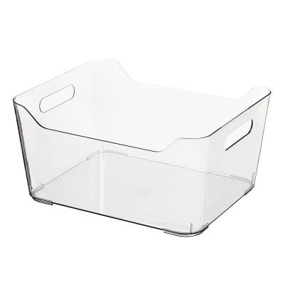 China Sustainable Kitchen Plastic Food Storage Basket With Cutout Handles Clear Refrigerator Organizer Trash Cans Pantry Organizer Large Bins for sale