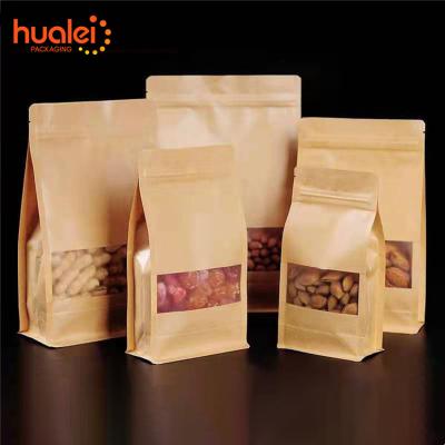 China Recyclable Custom Printed Brown Ziplock Frosted Food Grade Packaging Craft Bag Zipper Kraft Paper Bag With Window for sale