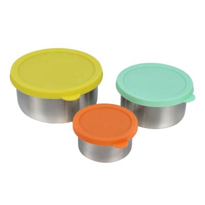 China 2021 Viable Small 18/8 Stainless Steel Kid Food Snack Container Set 3 Pcs 2oz 5oz 10oz Bento Lunch Box With Colorful Silicone Lids for sale