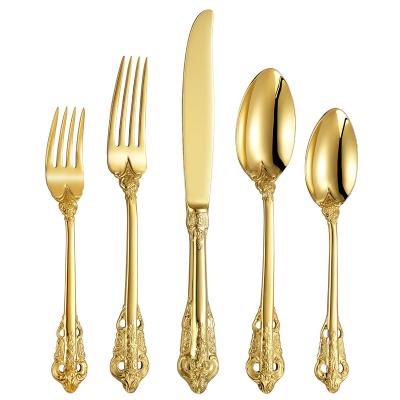 China Sustainable Luxury Retro Stainless Steel 304 Restaurant Hotel Wedding 5Pcs Golden Plated Forks And Knives Gold Flatware Cutlery Set for sale