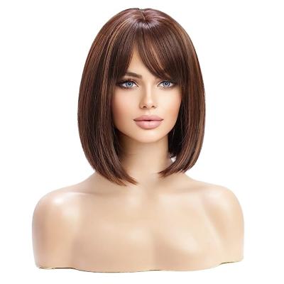 China Highlight Haven Natural Healthy Hair Short Blonde Highlight Wig With Bangs Roots Dark Strawberry Blonde Straight Wigs For White Women Shoulder Length for sale