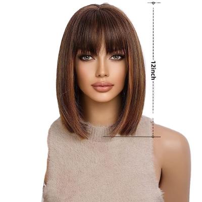 China Stronger Hair Seeker 14 INCH Short Bob Wigs For Women Mixed Highlight Brown Color Wig Bangs Straight Balayage Shoulder Length for sale