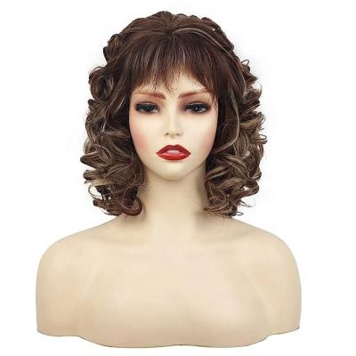 China Asylum Original Pure Natural Natural Hairline Curly Hair Wigs For Women Brown Color Mixed Blonde Curly Shaggy Human Hair Replacement Wig For Women With Bangs for sale