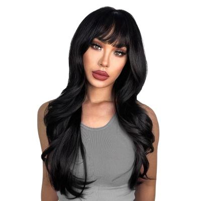 China ASYLUM HAIR Straight Wavy 26 Inches Long Straight Wavy Brown Wave Accent Wigs With Bangs For Women Synthetic Hair Dark Roots for sale