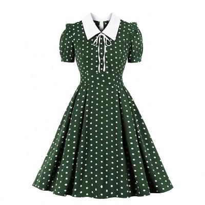 China Women's Breathable Autumn White Polka Dot Vintage Dress, Big Swing Retro Vintage Clothing for sale