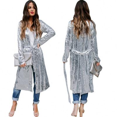 China Breathable Women's Casual Silver Sequined Long Coat (Including Belt) for sale