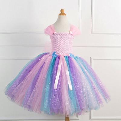 China Polyester Mesh Children's Dress Glitter Princess Dress Tutu Skirt Feminine Color Matching Kids Dress for sale