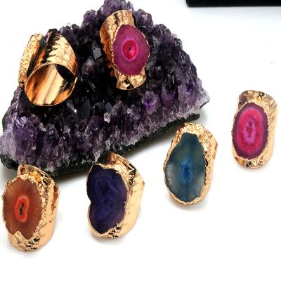 China CLASSIC Stainless Steel Ring Sun Flower Rough Stone Plating Sharpening Natural Stone Opening Gold Adjustable Ring for sale