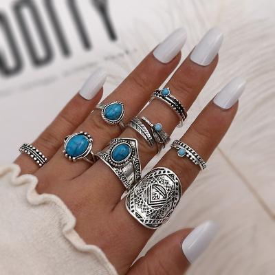 China Vintage Style Women Bohemian Rings Sets 8 Pcs /set Turquoise Leaf Totem Rings Shape Rings Jewelry Women Set for sale