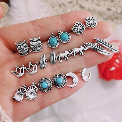 China 2022 Vintage Fashion Vintage Stud Earrings Set Turquoise Owl Crown Rhinestone Stud Earrings For Women for sale