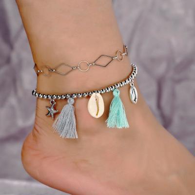 China New BOHEMIA Fashion Boho Anklets With Starfish Shell Tassel Charms 2pcs/set Beaded Anklets Set for sale